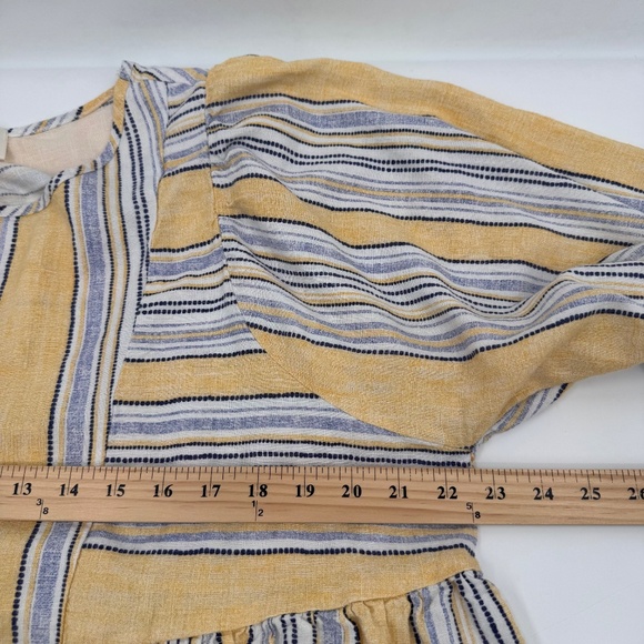 Ava James Top Women 2X Yellow Blue Striped Linen Cotton Blend Short Puff Sleeves - Picture 9 of 12